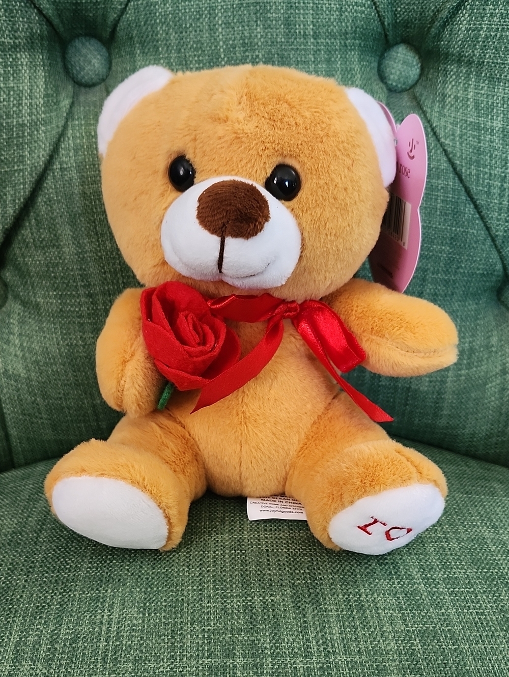 Plush Teddy Bear with Red Rose and Ribbon - Soft Honey Brown
